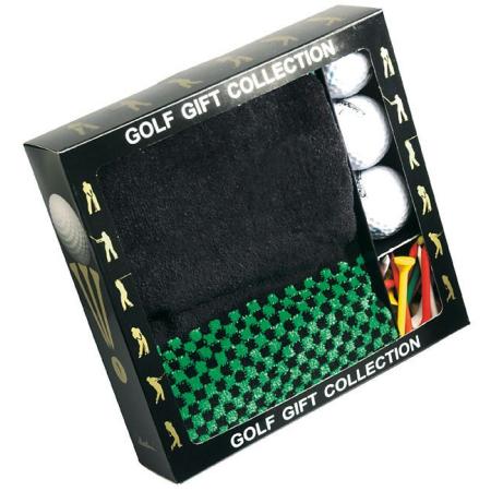 Geschenk-Set mit Putztuch, drei Golfbällen und Holztees